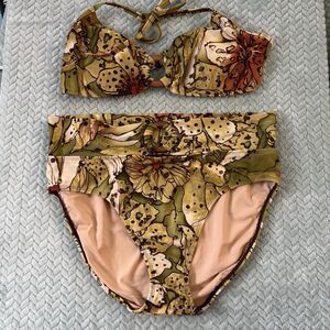 Vtg Spiegel Y2K Floral Bikini Set Sz 14 Wood Ring High Waisted Tropical Earthy